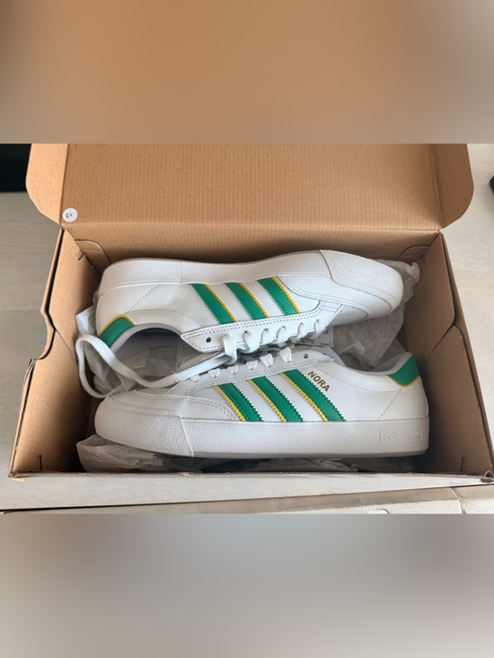 adidas Shoes - Adidas Nora Sneakers in White with Green and Yellow Stripes - Women